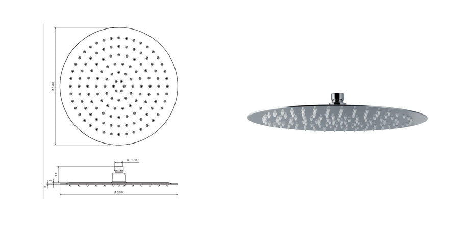 Soffione ultraslim per doccia tondo in acciaio inox da 300 mm di Tubico Nilo