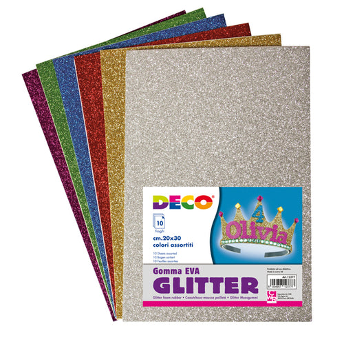 Busta 10 Fogli Gomma Crepp Glitter 20X30Cm Colori Assortiti Deco