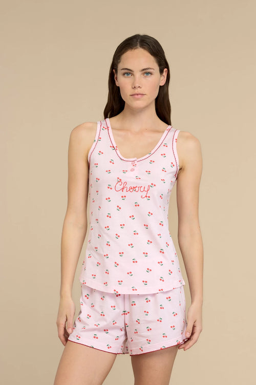 Pigiama donna in cotone con maglia a spalla larga e pantaloncino con stampa ciliegie - Noi di notte 9175