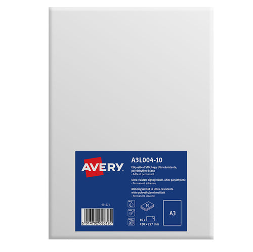 Etichette A3 In Polietilene Bianco Opaco Permanente (1Et/Fg 10Ff Avery