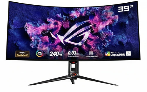 ASUS ROG Swift OLED PG39WCDM 39 Inch UWQHD Curved Gaming Monitor, 240 Hz, 0.03 ms GtG, G-Sync, FreeSync/AdaptiveSync, 10-bit, DisplayHDR 400 KVM, 21:9, 3440 x 1440, DP 1.4, HDMI 2.1, 90 W USB-C, USB