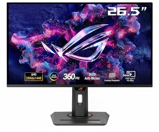 ASUS ROG Strix OLED XG27ACDNG, 27 Inch WQHD Gaming Monitor, 360 Hz, 0.03 ms GtG, G-Sync, FreeSync, AdaptiveSync, DisplayHDR 400, QD-OLED, 16:9, DP 1.4 DSC, HDMI 2.1, USB-C with 90 W, USB Hub, Ergo