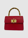 DOPPIASE Borsa in Vera Pelle Cocco Stampato con Manico in Bamboo 22x15x7cm