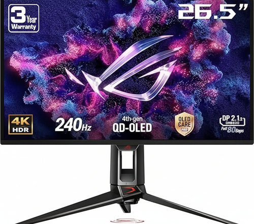 ASUS ROG Swift OLED PG27UCDM - 27 Inch 4K UHD Gaming Monitor - 240 Hz, 0.03ms GtG, G-Sync, FreeSync, AdaptiveSync, KVM Switch, HDR 400 - QD-OLED, 16:9, 90W USB-C, DP 2.1, HDMI 2.1, USB Hub, Ergo