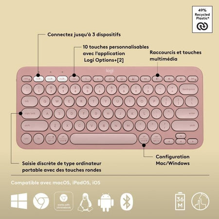 LOGITECH - Tastiera wireless - Pebble Keys 2 M380s - Bluetooth - Pulsante Easy-Switch - Rosa - (920-011805)