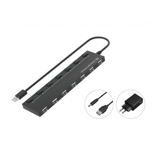 Hub 7 Porte Usb 2.0 - Hub con adattatore di alimentazione, cavo da 90 cm, interruttore di alimentazione individuale