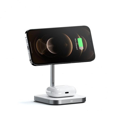 Satechi ST-WMCS2M Caricabatterie per dispositivi mobili Cuffie, Smartphone Argento, Bianco USB Carica wireless Interno (Satechi Magnetic 2-in-1 Wireless Charg)