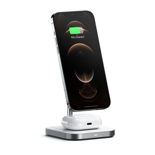 Satechi ST-WMCS2M Caricabatterie per dispositivi mobili Cuffie, Smartphone Argento, Bianco USB Carica wireless Interno (Satechi Magnetic 2-in-1 Wireless Charg)