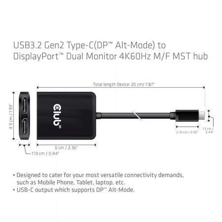 CLUB3D CSV-1555 cavo e adattatore video 1,5 m USB tipo-C 2 x DisplayPort Nero (Club 3D videoadapter - 20 cm)