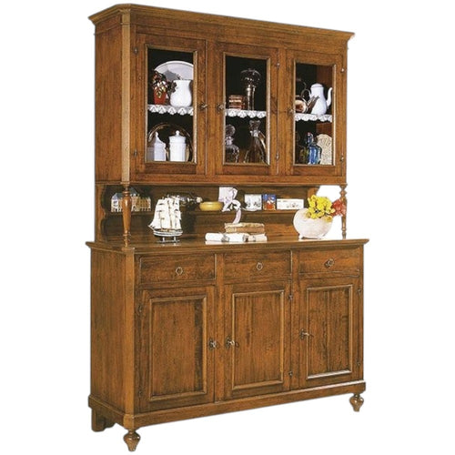 MOBILI 2G - CRISTALLIERA ARTE POVERA LEGNO MASSELLO 3 PORTE 3 CASSETTI TINTA NOCE 160x50x221 (6009+6010)