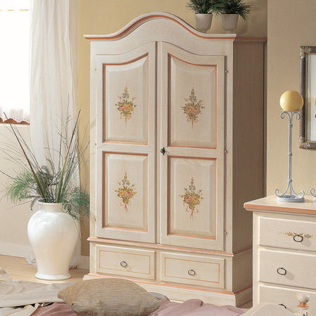 MOBILI 2G - ARMADIO IN LEGNO SHABBY BIANCO CON DECORI ROSA 122X60X200 (1320)