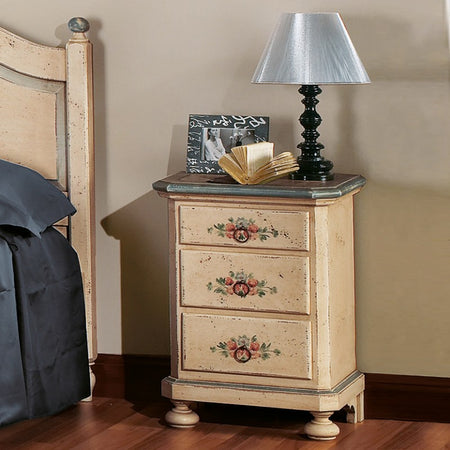 MOBILI 2G -  Comodino arte povera 3 cassetti legno shabby avorio antico azzurro 50x38x66 (1440)