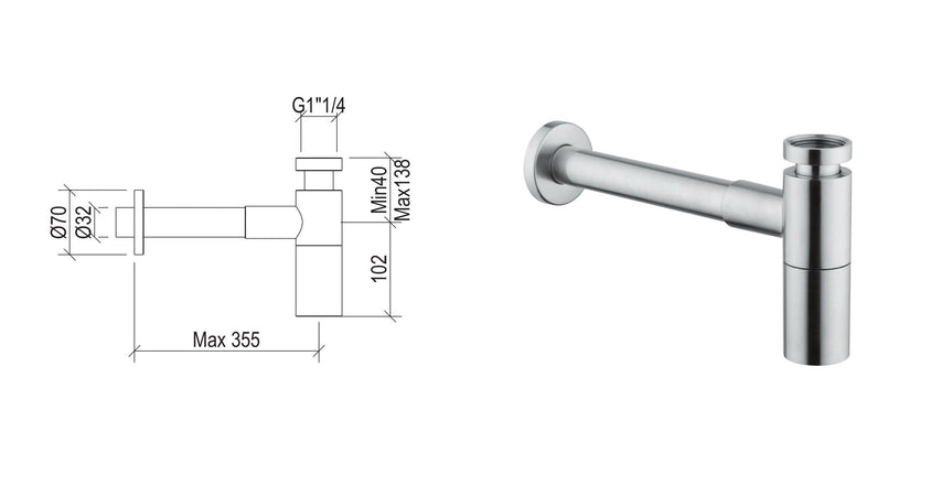 Sifone minimale tondo G1"1/4 modello lusso in acciaio inox 316L di Tubico Tevere