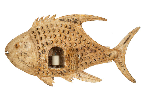 Biscottini Lanterna Pesce Portacandela Biscottini 95x20x50 Ferro Battuto Dipinto a Mano