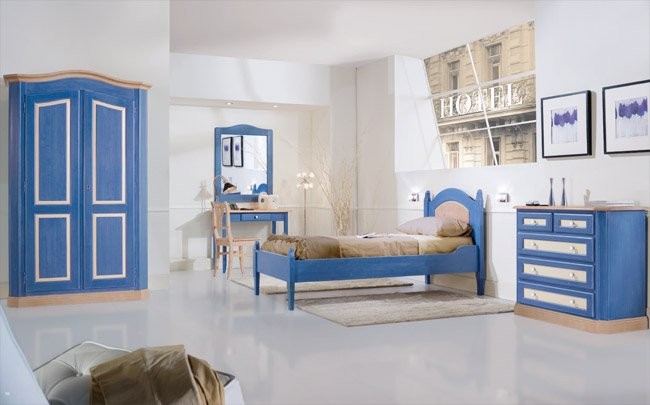 LETTO SINGOLO ARTE POVERA BLU E MIELE LEGNO 103x210x106 (2231)