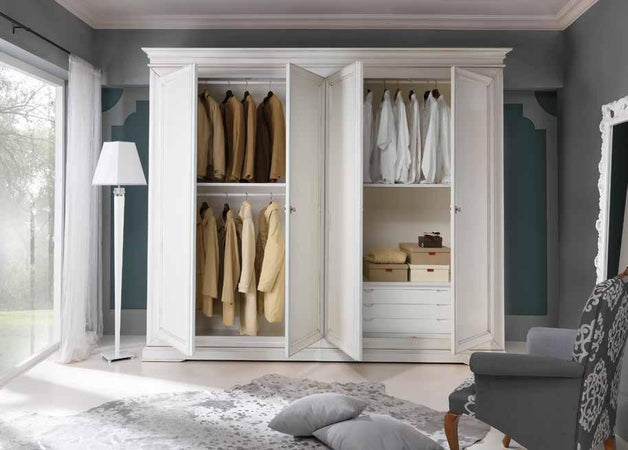 MOBILI 2G - ARMADIO IN LEGNO CLASSICO 4 ANTE SHABBY BIANCO 300X68X255