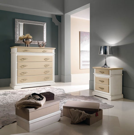 MOBILI 2G - COMODINO 3 CASSETTI  LACCATO BIANCO-AVORIO- BICOLORE MISURE L.57 P.38 H.66 (3001)