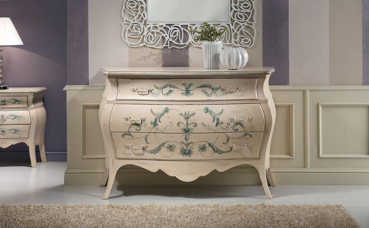 MOBILI 2G - Comò Bombato shabby Legno avorio decori floreali 130x55x88 (1368)