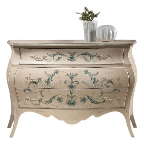 MOBILI 2G - Comò Bombato shabby Legno avorio decori floreali 130x55x88 (1368)