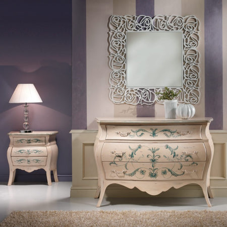 MOBILI 2G - Comodino Bombato shabby Legno avorio decori floreali 62x32x65 (1369)