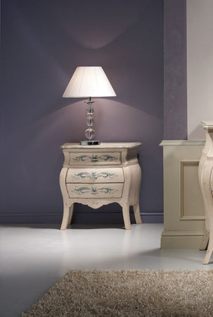 MOBILI 2G - Comodino Bombato shabby Legno avorio decori floreali 62x32x65 (1369)
