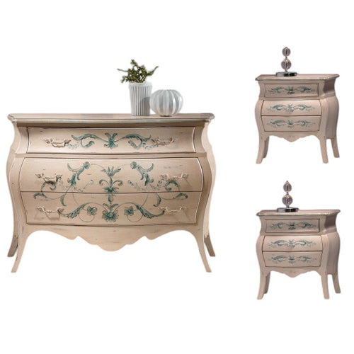 MOBILI 2G - Gruppo 1 comò 2 comodini Bombato shabby Legno avorio decori floreali (1369) (1368)