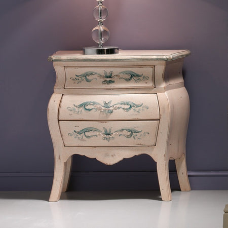 MOBILI 2G - Gruppo 1 comò 2 comodini Bombato shabby Legno avorio decori floreali (1369) (1368)
