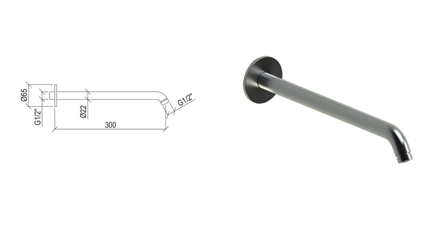 Braccio doccia a parete lungo 30 cm in acciaio inox 316L con connessione G1/2” di Tubico Tevere
