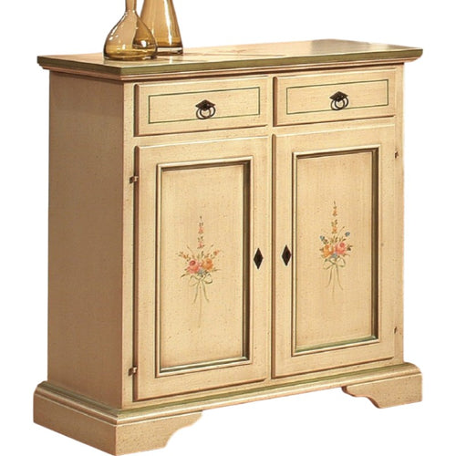 MOBILI 2G - Credenza 2 porte 2 cassetti Legno shabby avorio patinato filo verde 90x40x94 (1331)