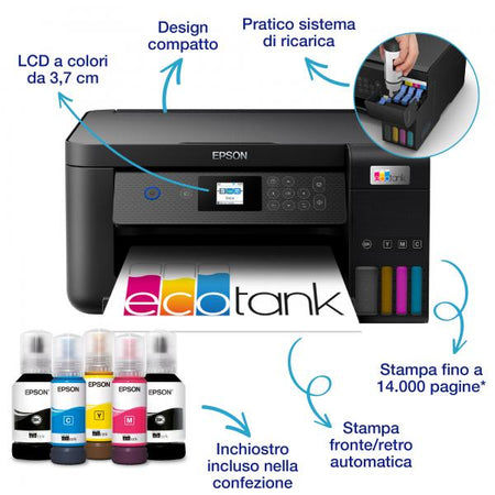 Stampante Multifunzione Epson EcoTank ET-2850 - Ink-jet A4 - Serbatoi Flaconi Alta Capacita' - Fronte/retro - Stampante / fotocopiatrice / scanner - Airprint - USB, WiFi