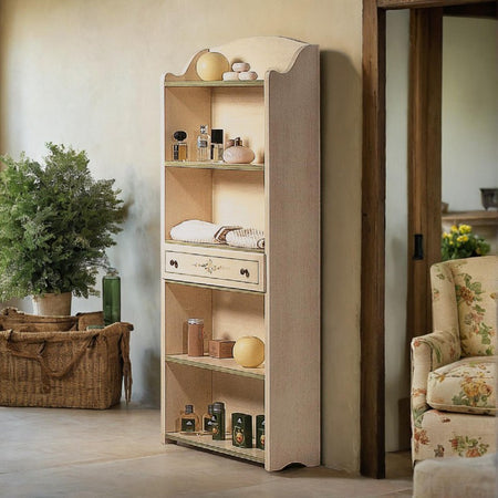 MOBILI 2G - LIBRERIA 5 RIPIANI LEGNO SHABBY AVORIO FILO VERDE 70X24X171 (1326)