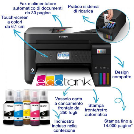 Stampante Multifunzione Epson EcoTank ET-4800 - Ink-jet A4 - Serbatoi Flaconi Alta Capacita' - Fronte/retro - Stampante / fotocopiatrice / scanner / fax - Airprint - USB, WiFi