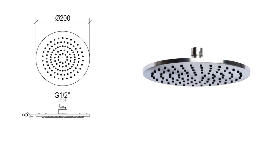 Soffione doccia tondo diametro 20 cm in acciaio inox 316L di Tubico Tevere
