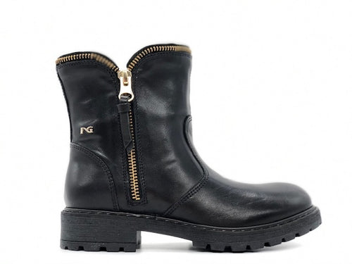 NERO GIARDINI Stivaletti bambina neri in pelle con zip decorativa oro