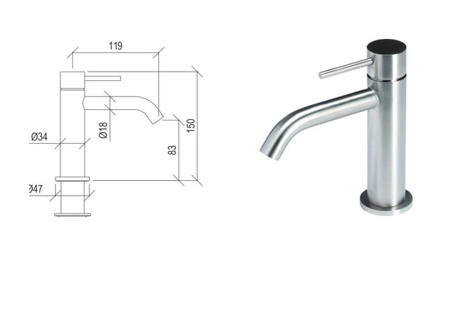 Miscelatore per lavabo bocca da 12 cm senza scarico in acciaio inox 316L di Tubico Tevere