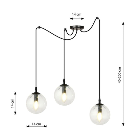 Lampadario 3 Luci Gigi In Acciaio Nero Con Cavo Lungo E Vetri Trasparente