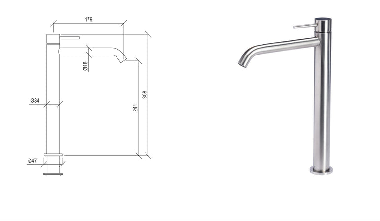 Miscelatore alto 30 cm per lavabo con bocca lunga 18 cm in acciaio inox 316L di Tubico Tevere