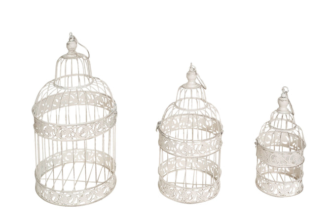 Biscottini Biscottini Set 3 Gabbie Decorative Ferro Bianco Anticato D25x50 D19x40 D14x32