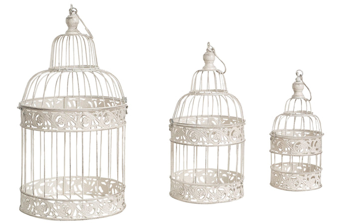 Biscottini Biscottini Set 3 Gabbie Decorative Ferro Bianco Anticato D25x50 D19x40 D14x32