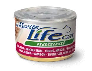 Life Cat Natural Le Ricette Scatoletta Tonnetto con Manzo e Prosciutto di Pollo per Gatti 150gr
