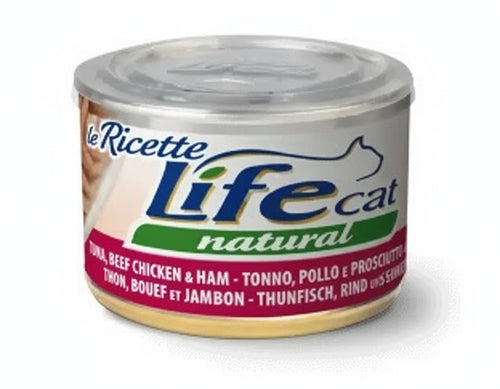 Life Cat Natural Le Ricette Scatoletta Tonnetto con Manzo e Prosciutto di Pollo per Gatti 150gr