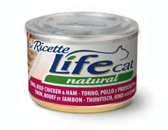 Life Cat Natural Le Ricette Scatoletta Tonnetto con Manzo e Prosciutto di Pollo per Gatti 150gr