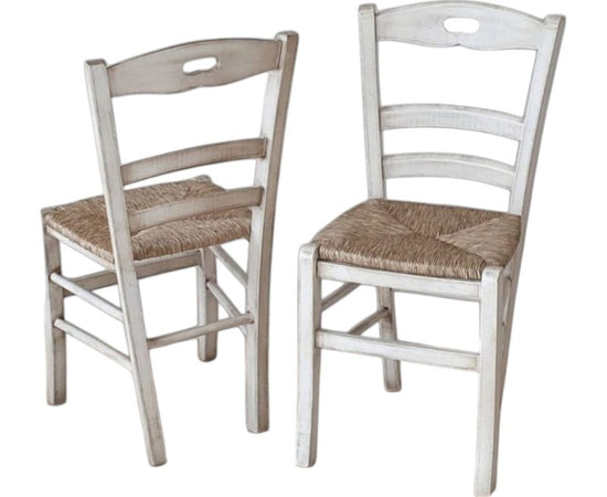 MOBILI 2G - Set 2 sedie legno shabby bianco consumato seduta paglia 43x46x89