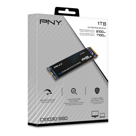 PNY CS1030 è un SSD M.2 NVMe da 1TB ad alte prestazioni. Offre velocità di lettura fino a 2100MB/s e capacità elevata per professionisti esigenti. Ideale per upgrade di laptop e desktop