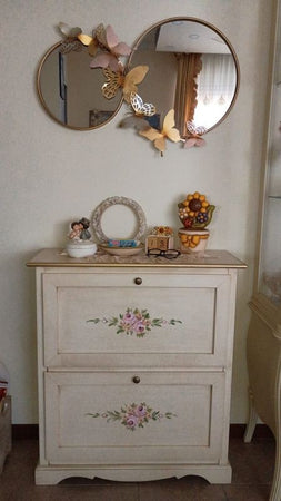 Scarpiera 2 ante ribalta legno shabby avorio anticato filo oro 79X30X90
