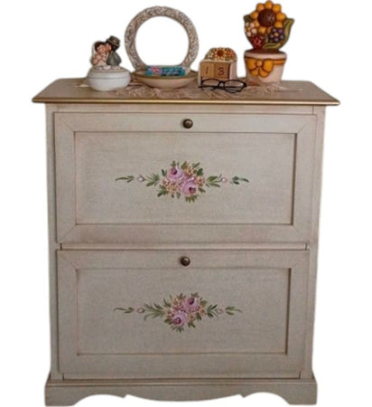 Scarpiera 2 ante ribalta legno shabby avorio anticato filo oro 79X30X90