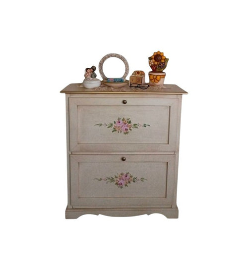 Scarpiera 2 ante ribalta legno shabby avorio anticato filo oro 79X30X90