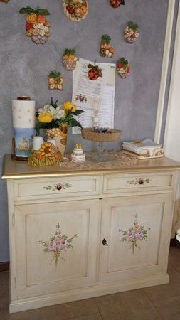 Credenza 2 Ante legno shabby avorio anticato decorato filo oro 105X42X85