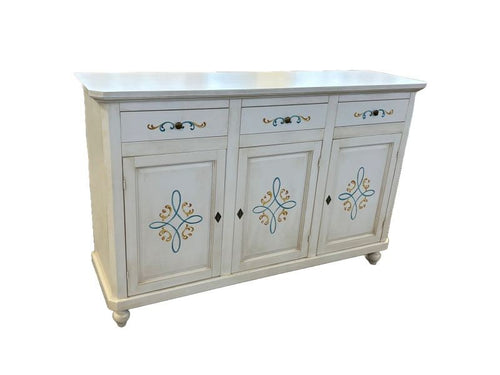 MOBILI 2G - Credenza 3 porte legno shabby bianco anticato decori 150X43X98