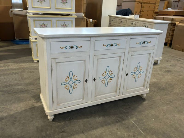 MOBILI 2G - Credenza 3 porte legno shabby bianco anticato decori 150X43X98